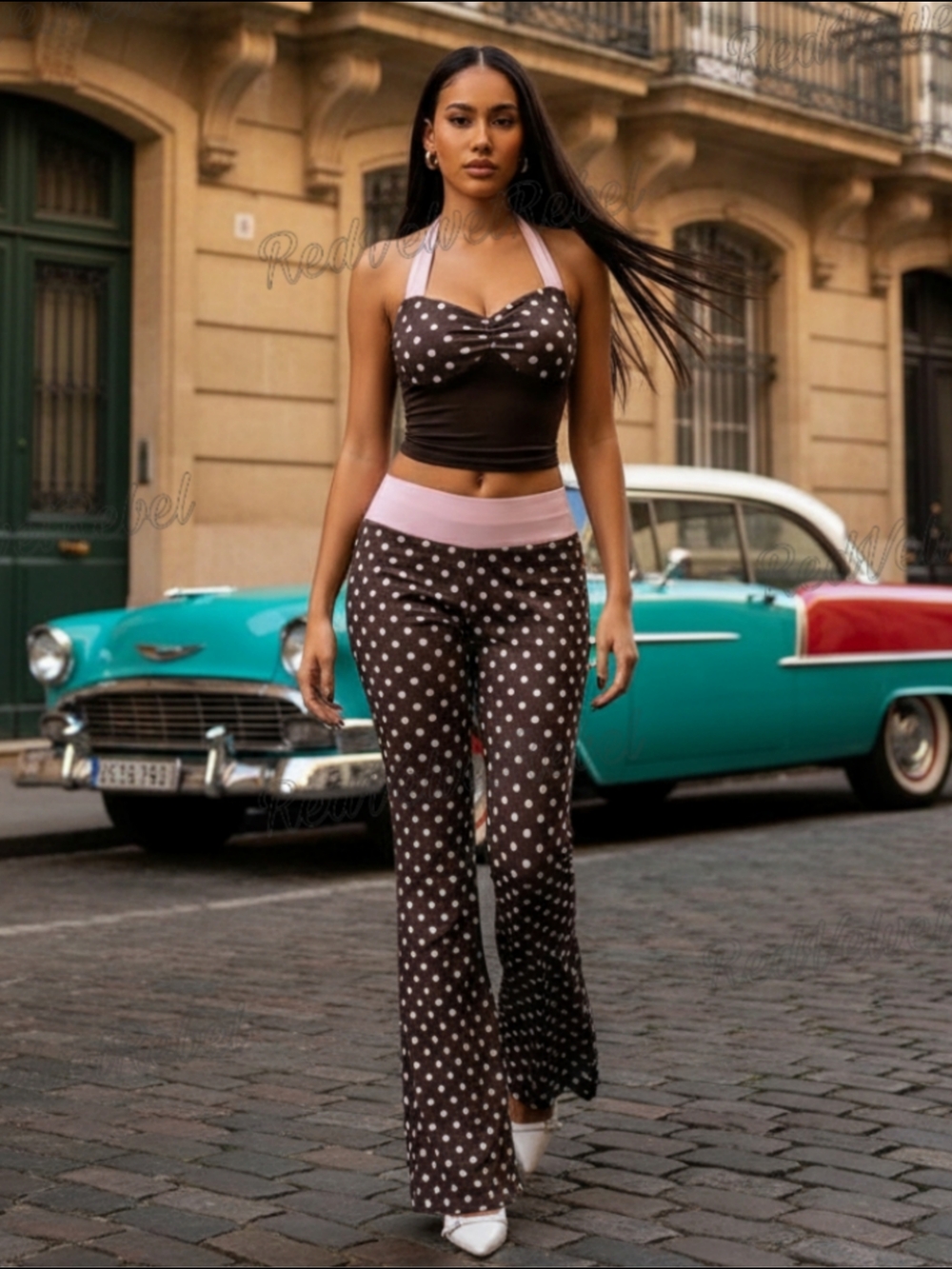 NWT Retro Pin Up Girl Y2k Pink Polka Dot Crop Top & Flared Pants Sz L